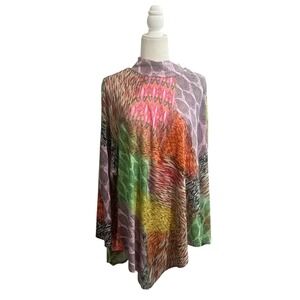 Attitudes by Renee 2X Multi-Color Mock Neck Tunic Top Asymmetrical Hem Artsy